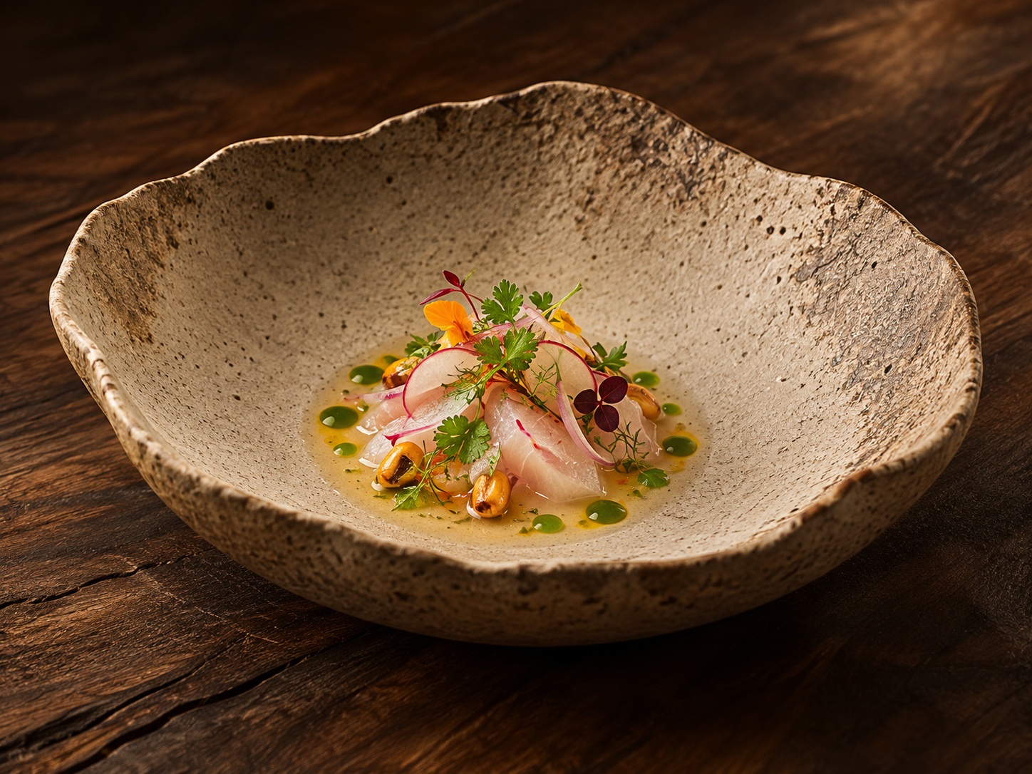 Ceviche contemporáneo en cuenco artesanal