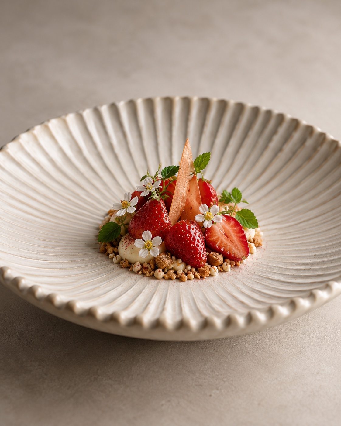 Postre de fresas en cerámica escultórica acanalada